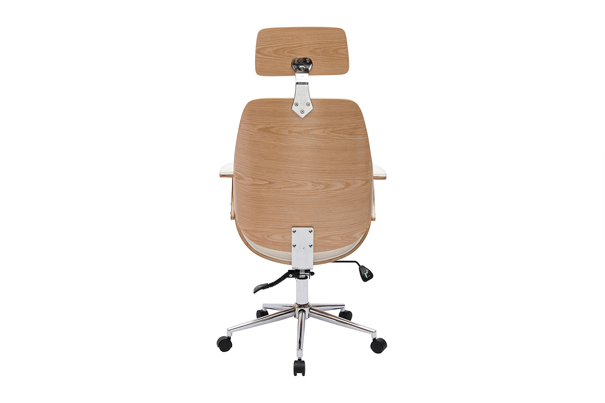 Fauteuil de bureau design MUSK, vue de dos, bois clair, acier chrom�, roulettes.