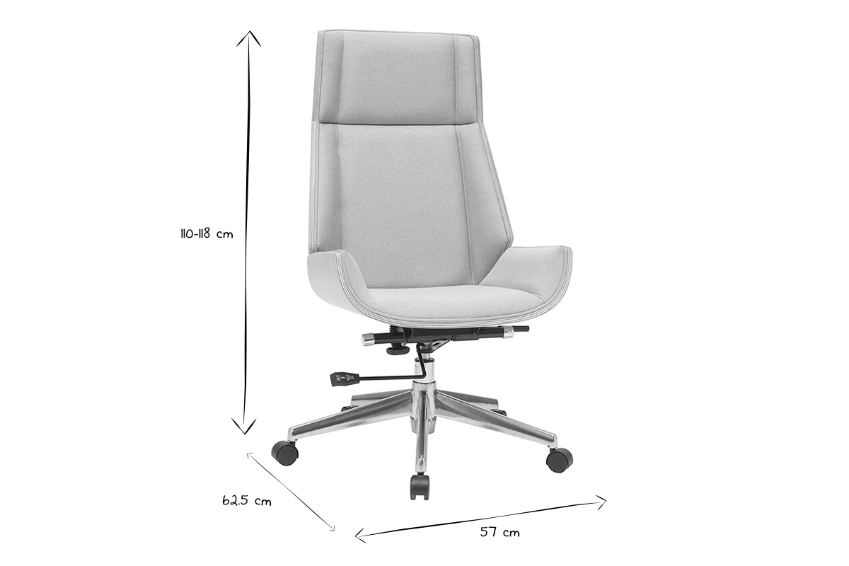Fauteuil de bureau de direction design en tissu gris clair, bois clair et acier chrom� CURVED