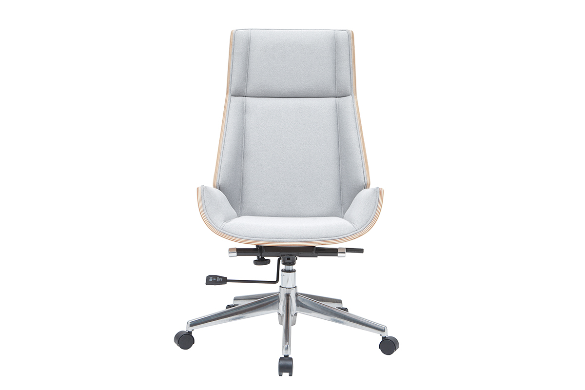 Fauteuil de bureau de direction design en tissu gris clair, bois clair et acier chrom� CURVED