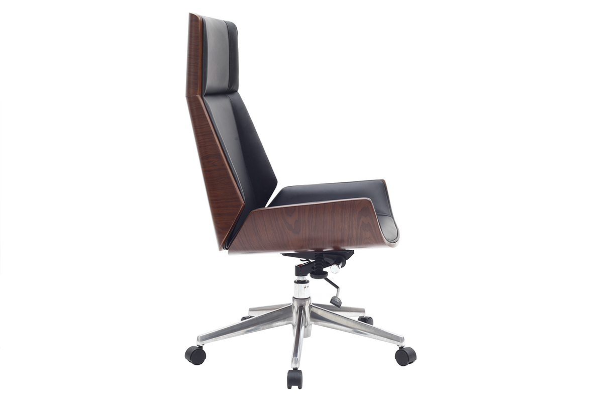 Fauteuil de bureau de direction design noir, bois fonc� noyer et acier chrom� CURVED