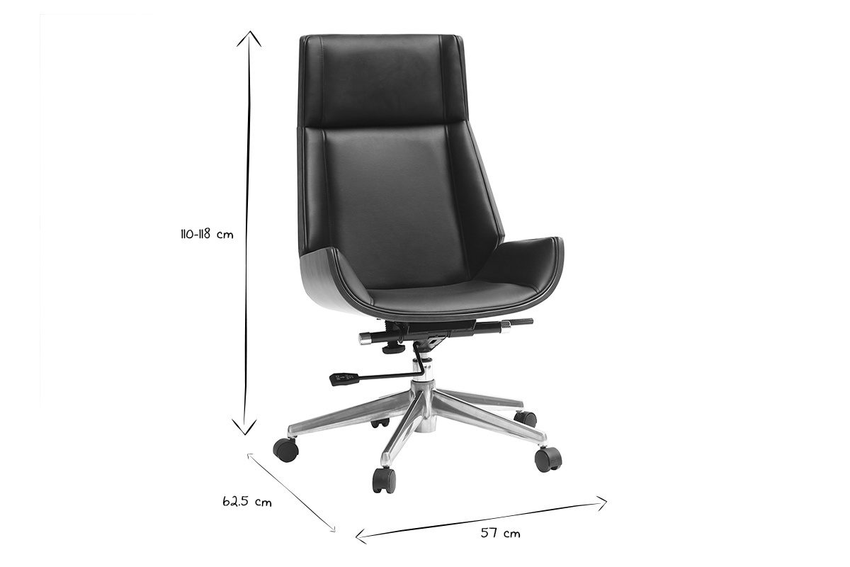 Fauteuil de bureau de direction design noir, bois fonc� noyer et acier chrom� CURVED