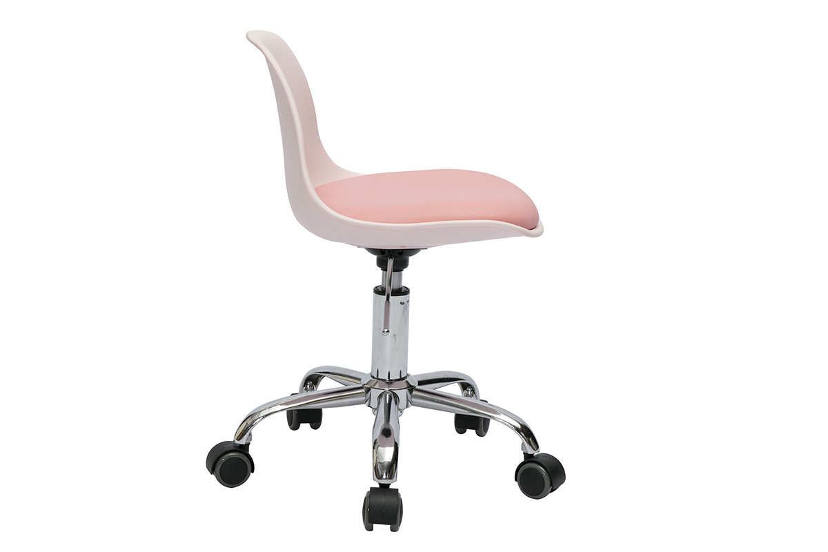 Fauteuil de bureau enfant rose STEEVY � roulettes en m�tal chrom�, vue de profil, rev�tement polypropyl�ne et polyur�thane.