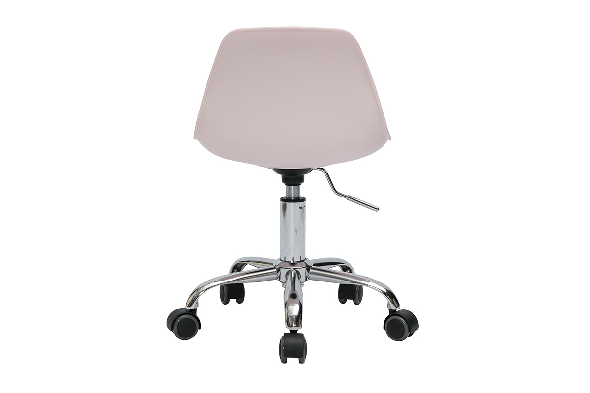 Fauteuil de bureau enfant � roulettes design rose STEEVY avec pied chrom�, vue de dos.