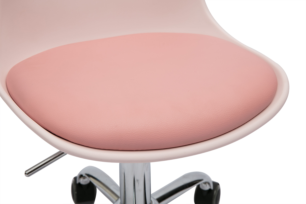 Zoom mati�re fauteuil de bureau enfant rose STEEVY, assise polypropyl�ne et polyur�thane, pied m�tal chrom�.