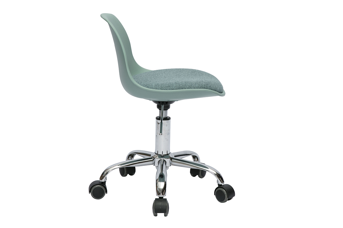 Fauteuil de bureau enfant vert de gris avec roulettes et pied en m�tal chrom�. Vue de profil.