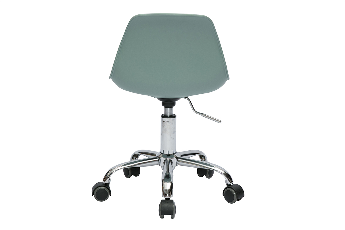 Fauteuil de bureau enfant � roulettes vert de gris avec pieds en m�tal chrom�. Vue de dos.