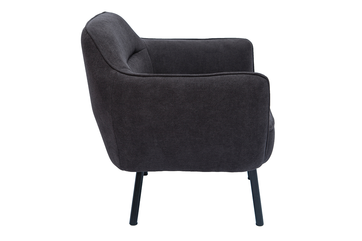 Fauteuil design en tissu effet velours gris fonc�, vue de profil, avec pieds en m�tal noir.