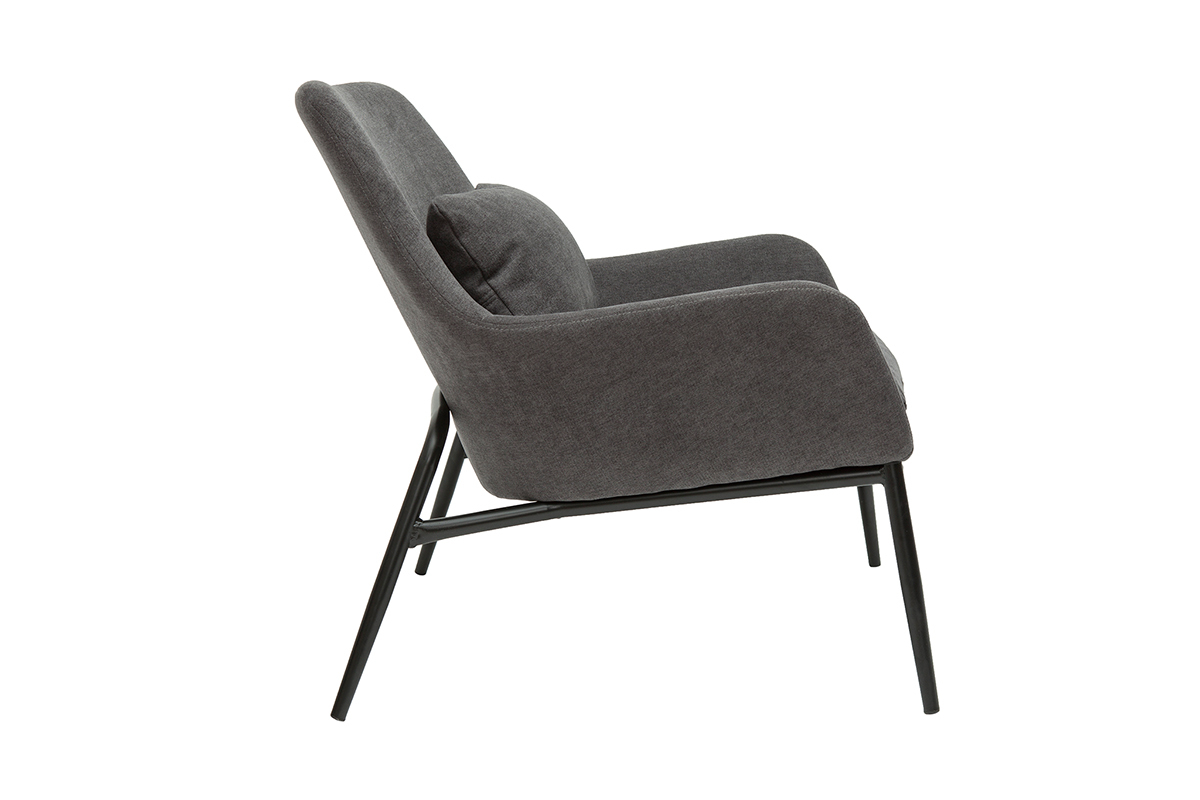 Fauteuil design gris en tissu effet velours, vue de c�t�, pieds en m�tal noir.
