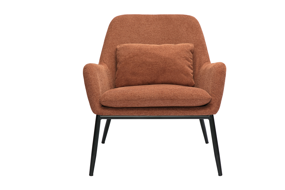 Fauteuil design en tissu velours terre brul�e et m�tal noir, vue de face.