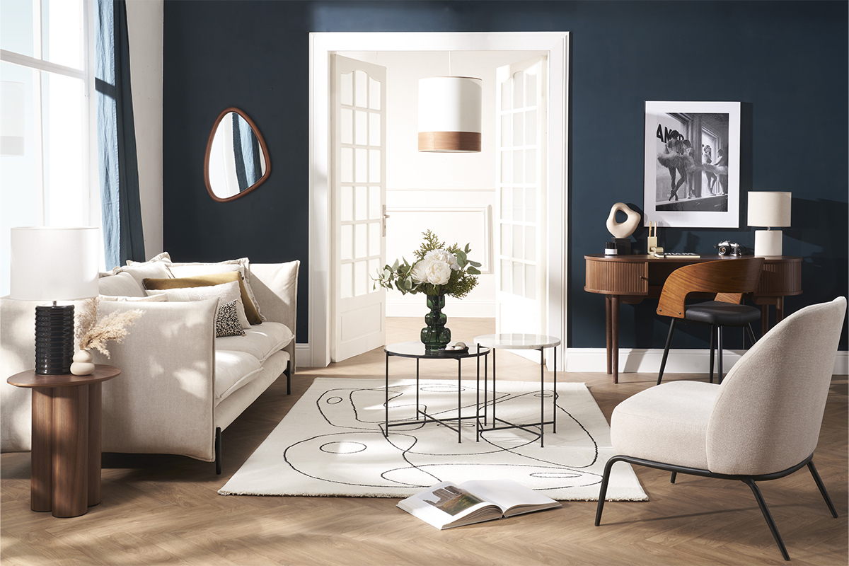 Fauteuil design en tissu effet velours textur� beige et m�tal noir BREGO