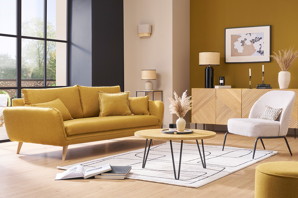Fauteuil design en tissu effet velours textur� beige et m�tal noir BREGO