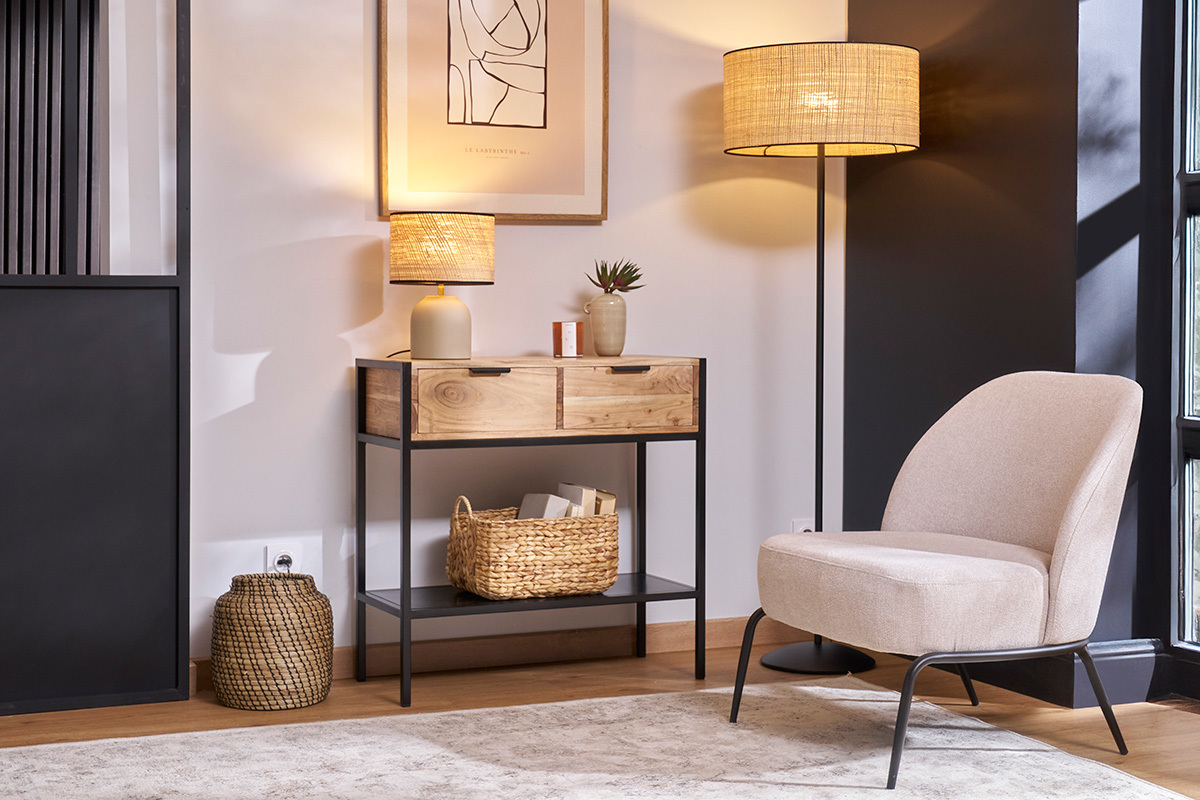 Fauteuil design en tissu effet velours textur� beige et m�tal noir BREGO