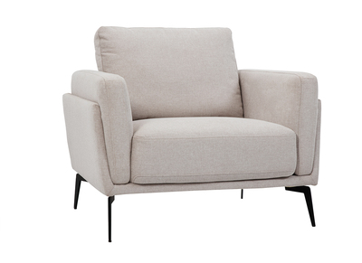Fauteuil design en tissu effet velours textur&eacute; beige et m&eacute;tal noir MOSCO