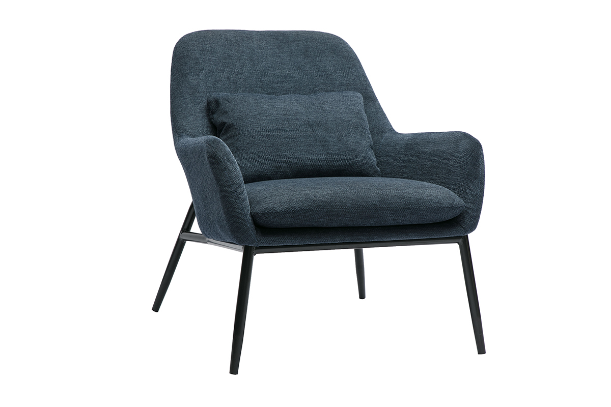 Fauteuil design en tissu effet velours bleu fonc� et m�tal noir