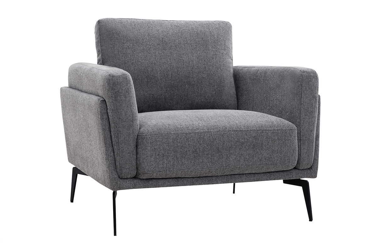 Fauteuil design en tissu effet velours textur� gris et m�tal noir MOSCO