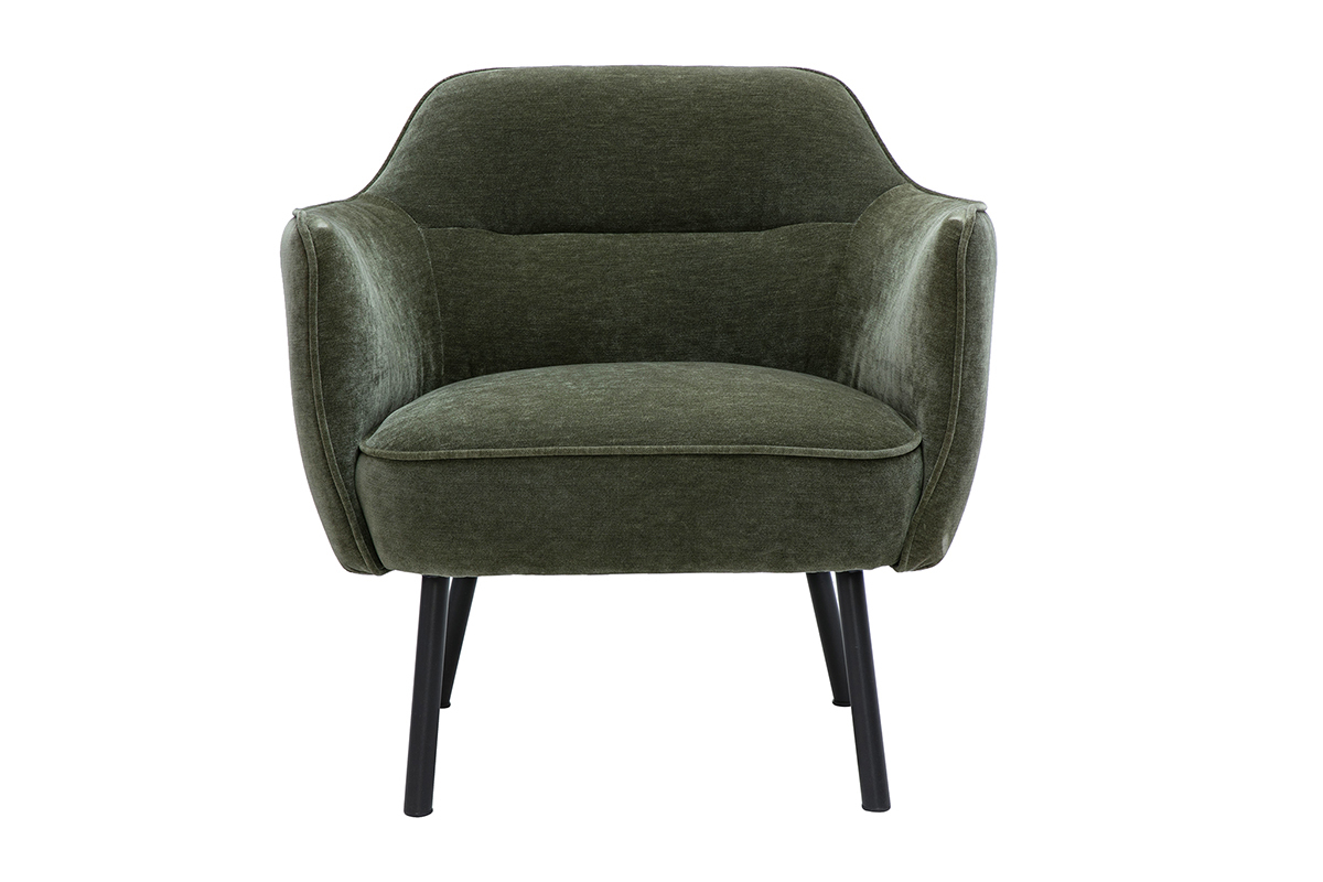 Fauteuil en tissu effet velours vert kaki avec structure en m�tal noir, mod�le LAURENS