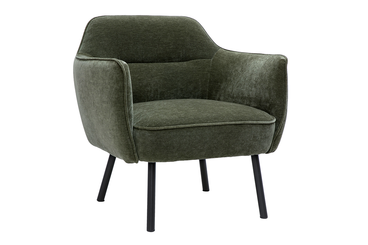 Fauteuil design en tissu effet velours vert kaki avec pieds en m�tal noir LAURENS