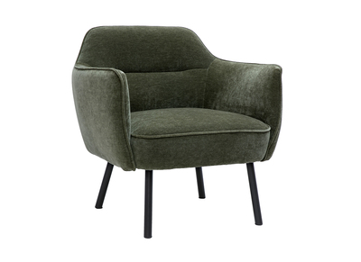 Fauteuil design en tissu effet velours vert kaki et m&eacute;tal noir LAURENS
