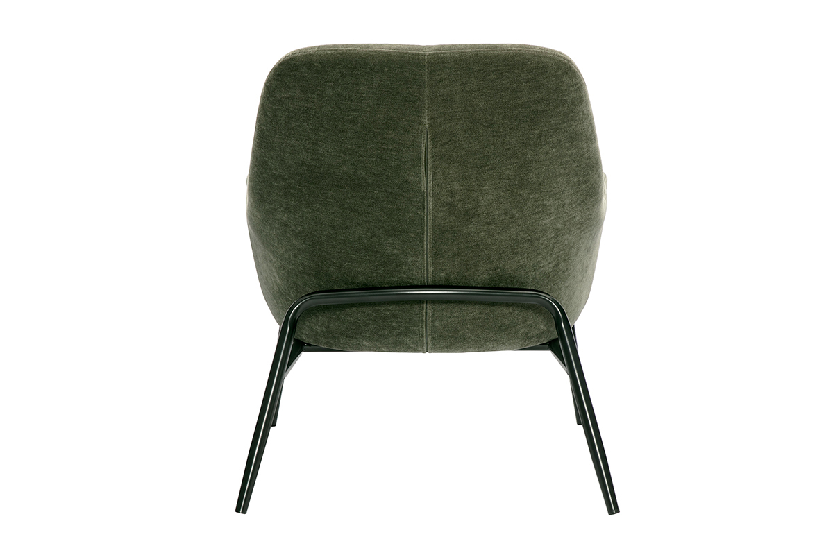 Fauteuil design en tissu effet velours vert kaki et m�tal noir