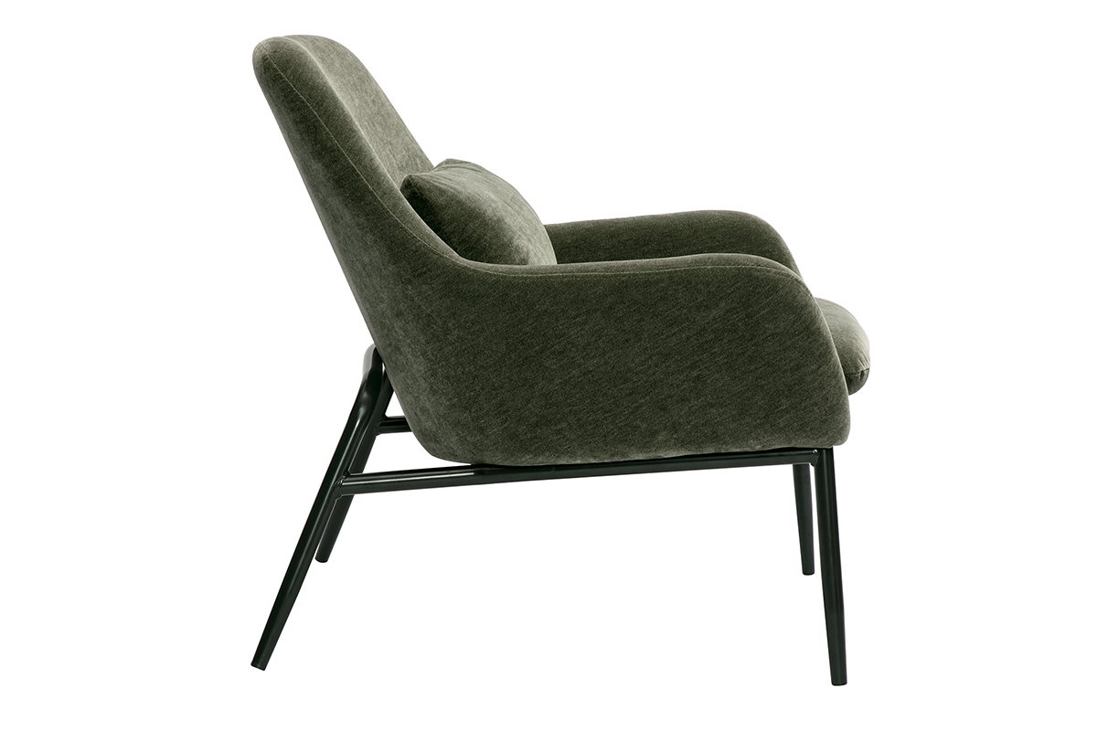 Fauteuil design vert kaki en tissu effet velours avec pieds en m�tal noir, mod�le MAXINE.
