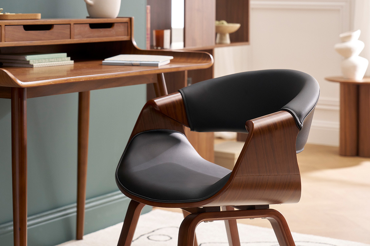 Fauteuil design noir et bois fonc� noyer ARAMIS