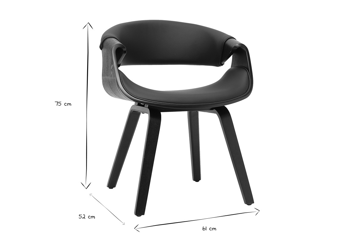 Dimensions du fauteuil design noir ARAMIS en noir et blanc, hauteur 75 cm, largeur 61 cm, profondeur 52 cm.