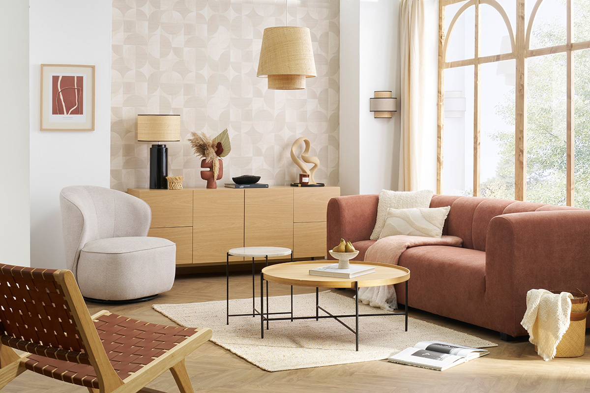 Fauteuil design pivotant en tissu effet velours textur� beige AMBER