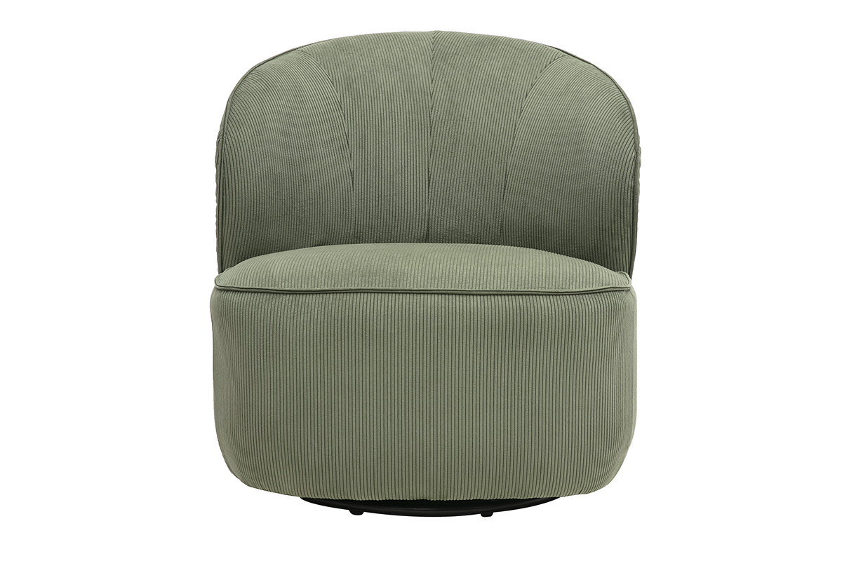 Fauteuil design pivotant en tissu velours c�tel� vert kaki, vue de face