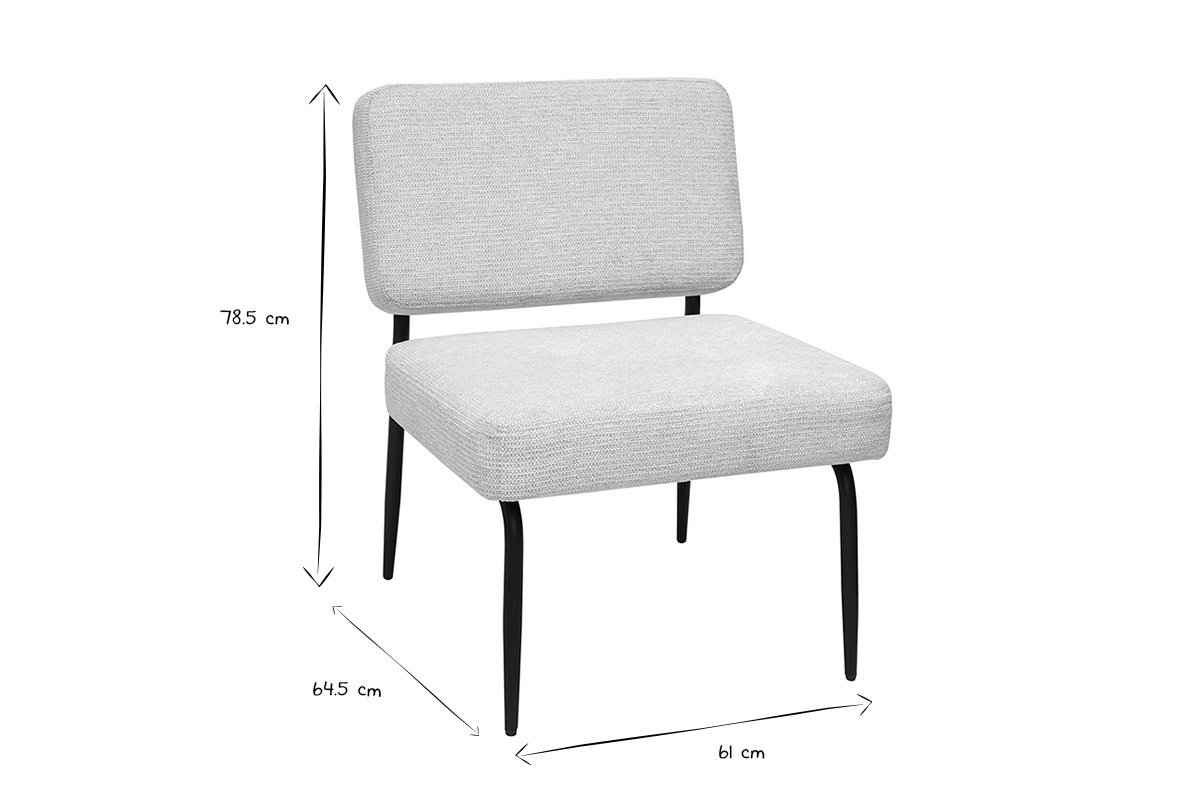 Dimensions du fauteuil VEDANA en tissu chenille beige et m�tal noir, L61 x P64,5 x H78,5 cm.
