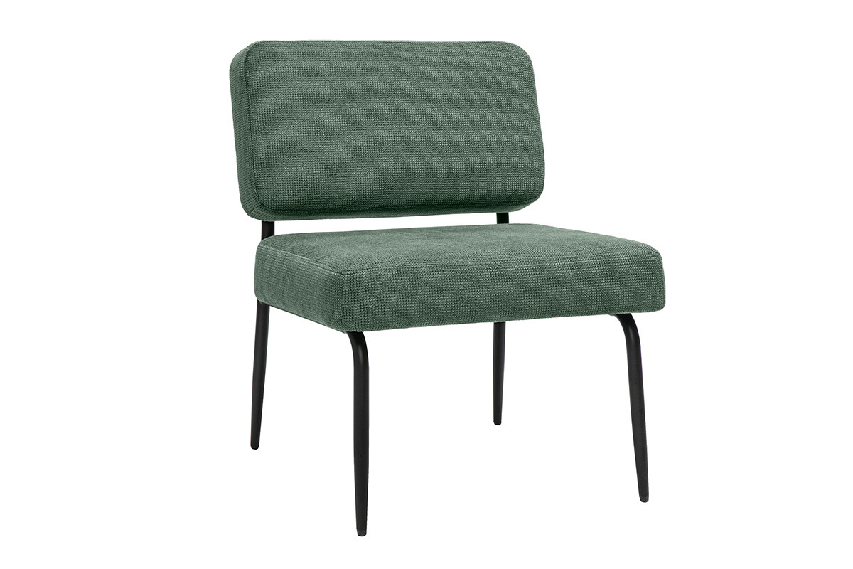 Fauteuil VEDANA en tissu vert kaki et m�tal noir, vue de 3/4.