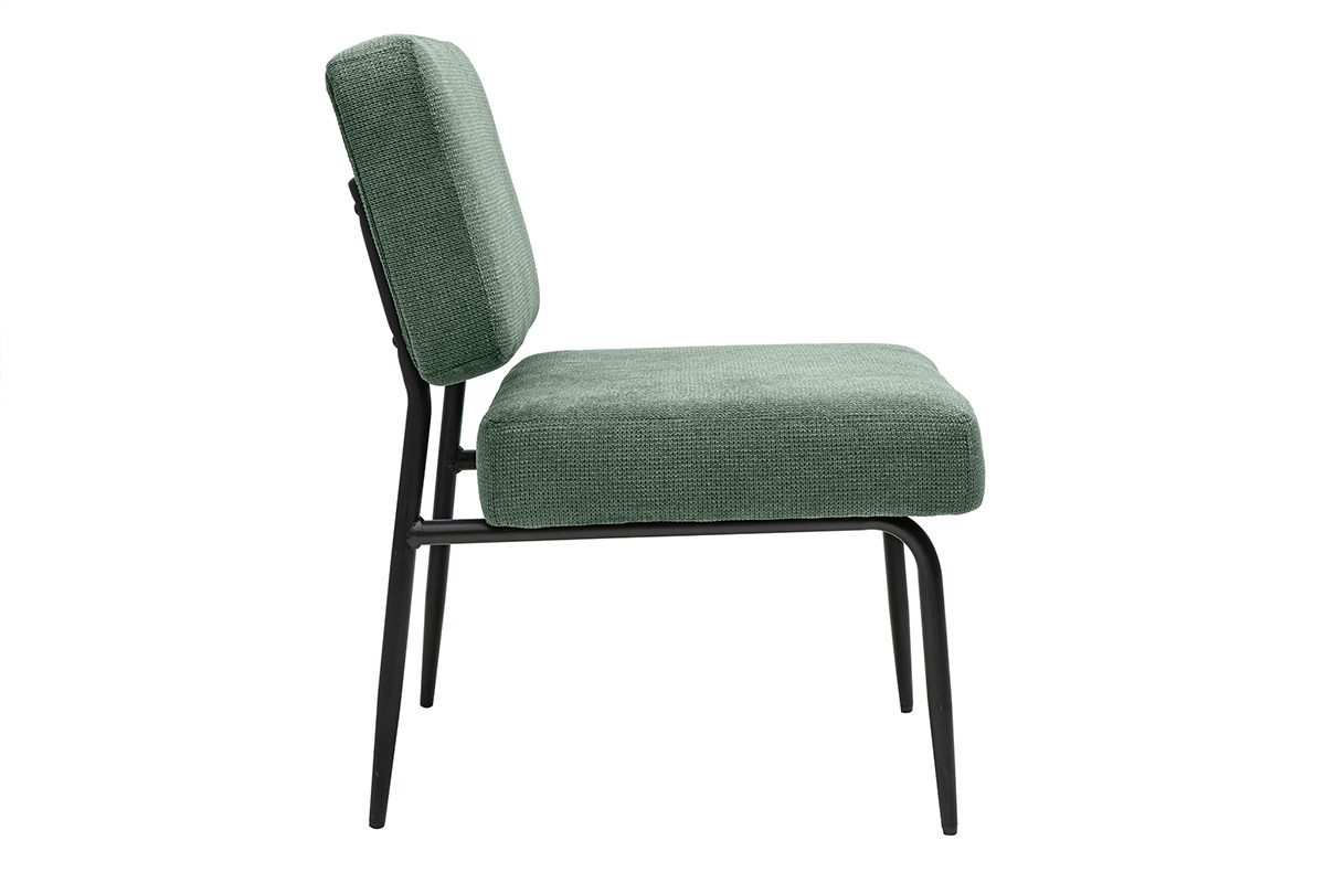 Fauteuil vert kaki en tissu textur� et m�tal noir, vue de c�t�.