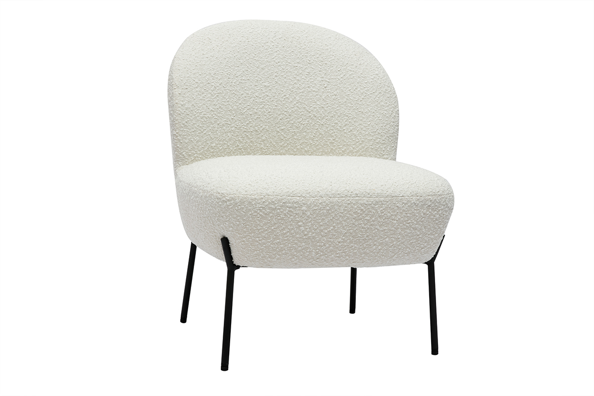 Fauteuil en tissu effet laine boucl�e blanc et m�tal noir BELEY