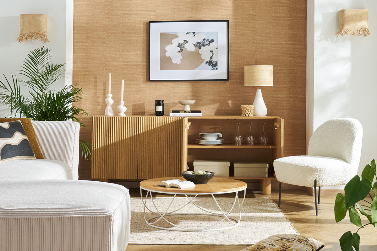 Fauteuil en tissu effet laine boucl�e blanc et m�tal noir BELEY