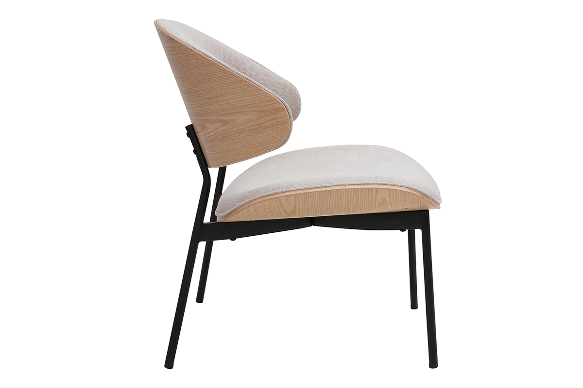 Fauteuil FABULO en tissu beige, bois clair, m�tal noir, vue de c�t�.