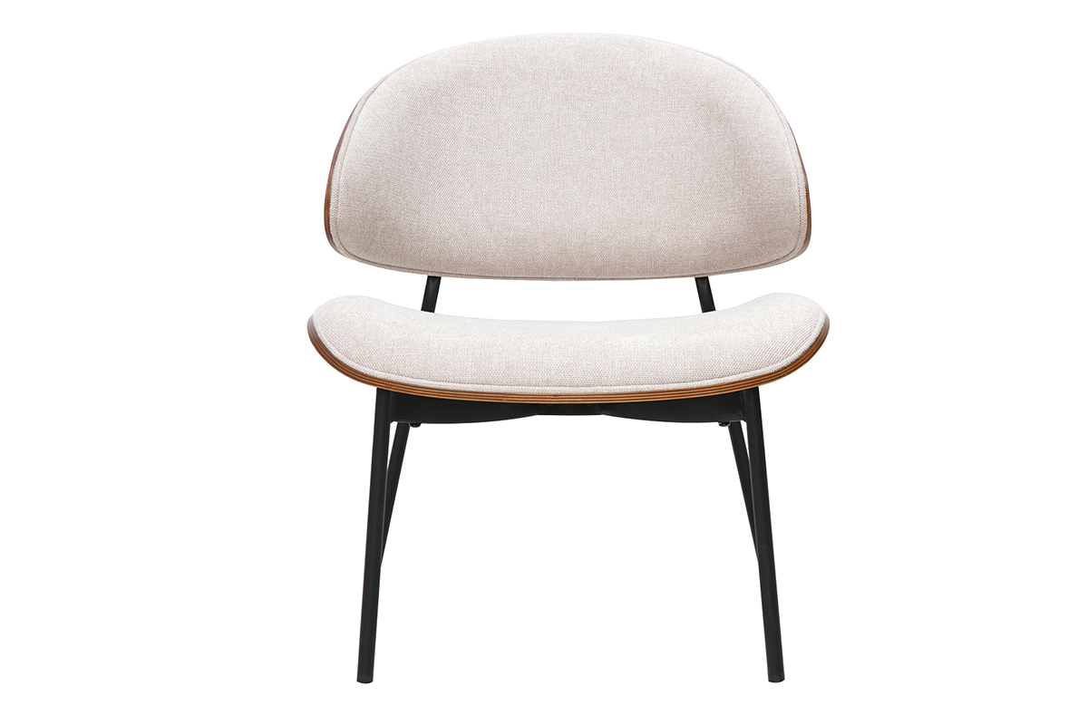Fauteuil beige en tissu velours devant, bois fonc�, pieds m�tal noir.