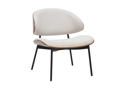 Fauteuil en tissu effet velours textur&eacute; beige, bois fonc&eacute; et m&eacute;tal noir FABULO