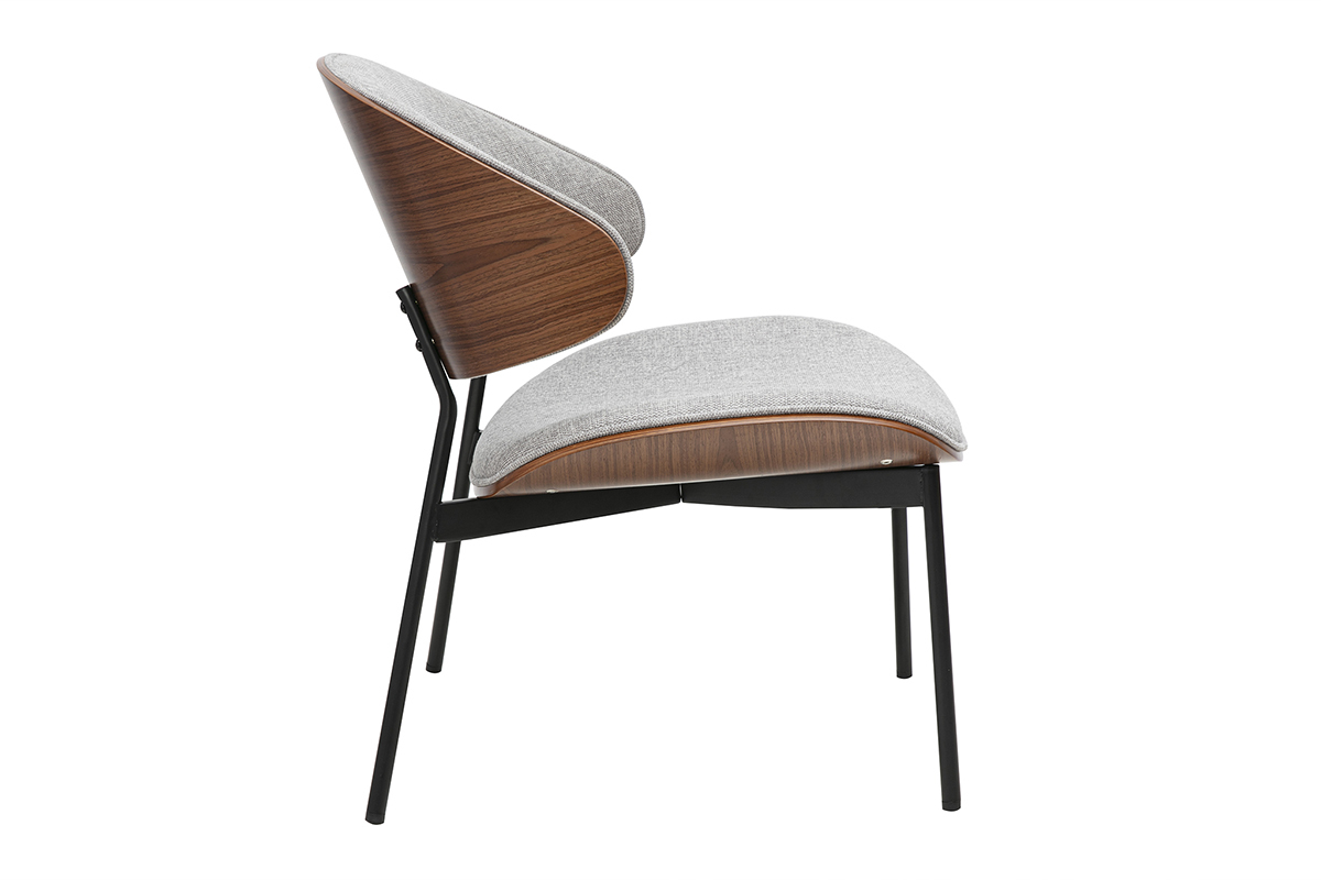 Fauteuil gris en tissu effet velours, bois fonc�, m�tal noir, vue de profil.