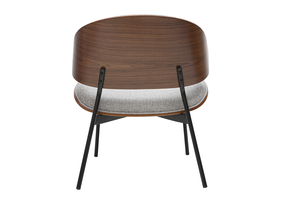Fauteuil gris effet velours, vue de dos, bois fonc� et pieds m�tal noir.