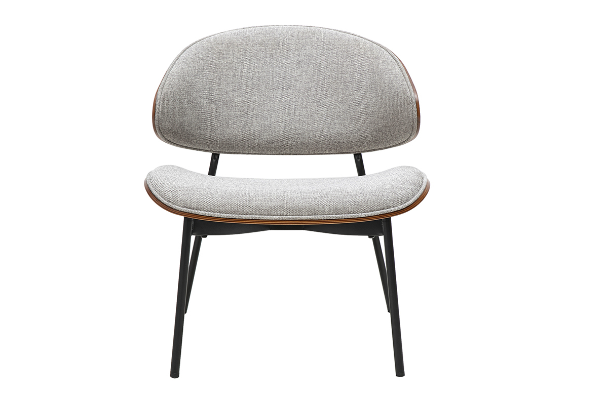 Fauteuil en tissu gris effet velours, vue de face, pieds en m�tal noir, dossier arrondi.