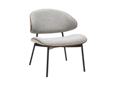 Fauteuil en tissu effet velours textur&eacute; gris, bois fonc&eacute; et m&eacute;tal noir FABULO