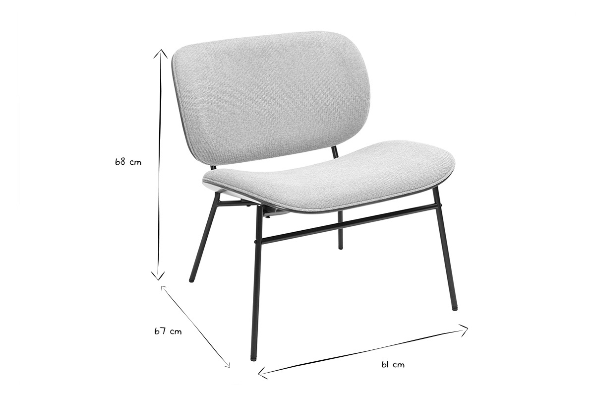 Fauteuil SHELBY en tissu gris et m�tal noir, dimensions L61 x P67 x H68 cm