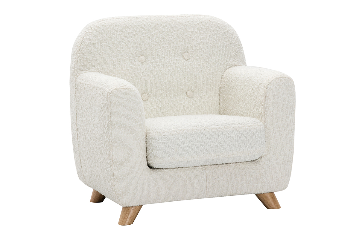 Fauteuil enfant scandinave en tissu effet laine boucl�e blanc et bois clair NORKID