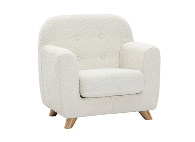 Fauteuil enfant scandinave en tissu effet laine boucl&eacute;e blanc et bois clair NORKID