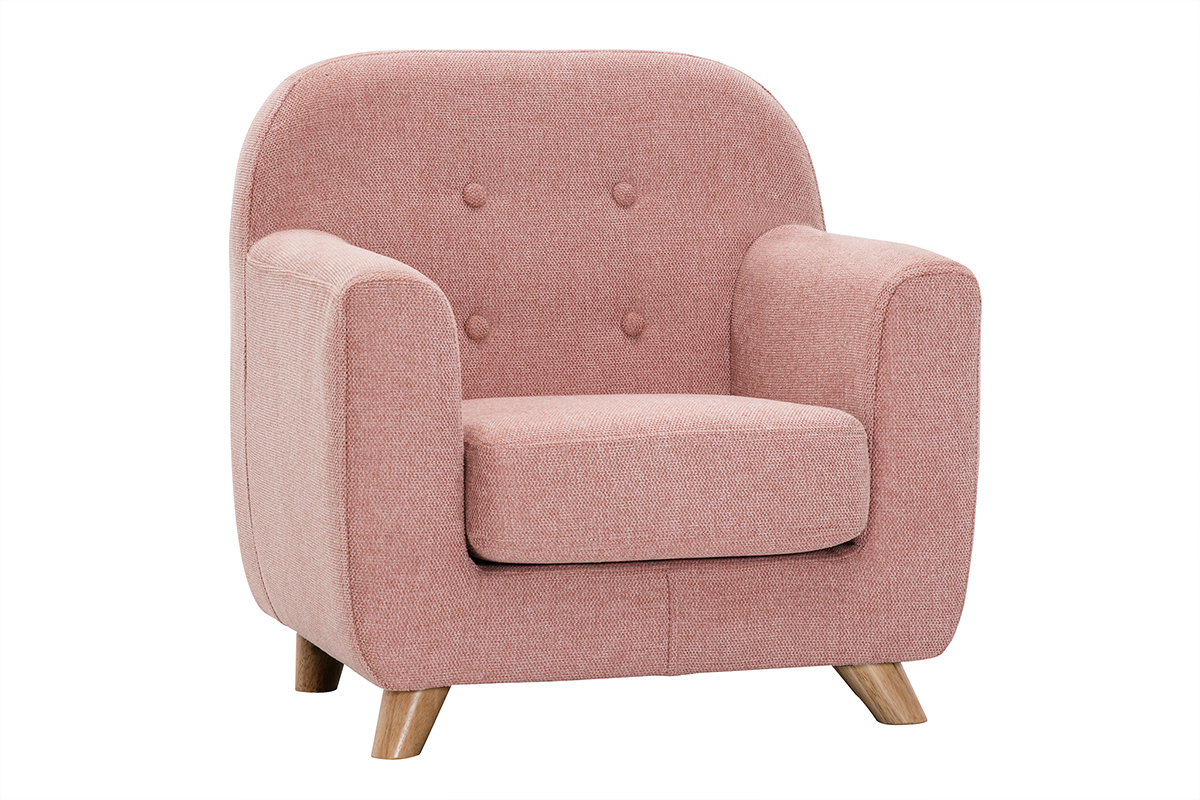 Fauteuil enfant scandinave en tissu effet velours textur� rose et bois clair NORKID