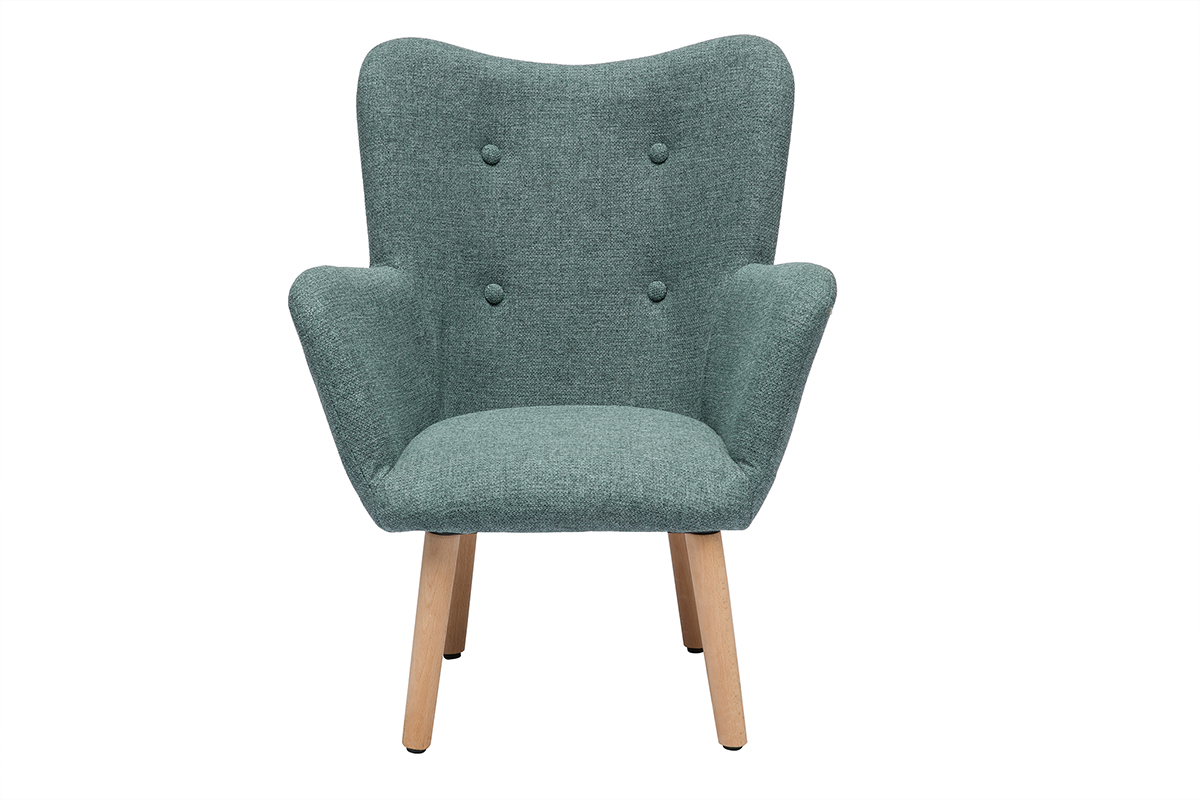 Fauteuil enfant scandinave vert de face avec pieds en bois clair.