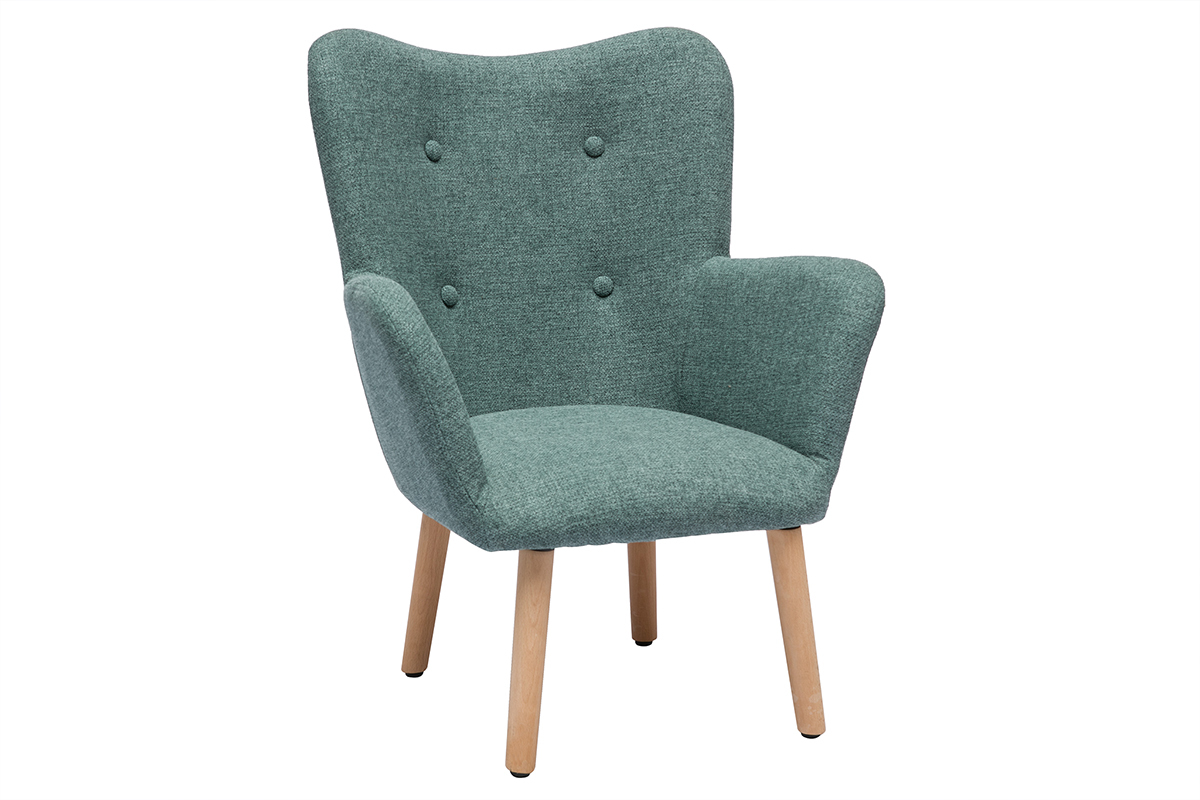 Fauteuil enfant scandinave vert de gris, vue 3/4, pieds en bois clair.