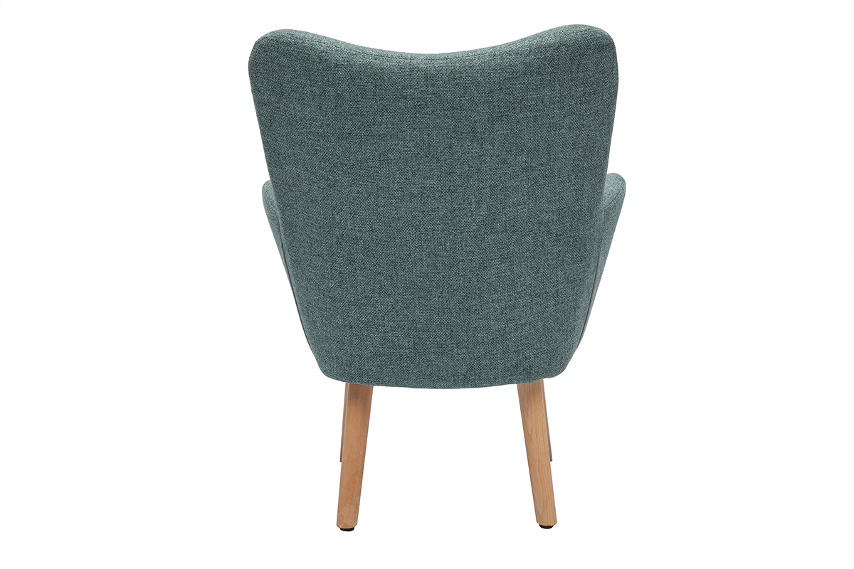 Fauteuil enfant scandinave, vue de dos, tissu vert de gris et pieds en bois clair.