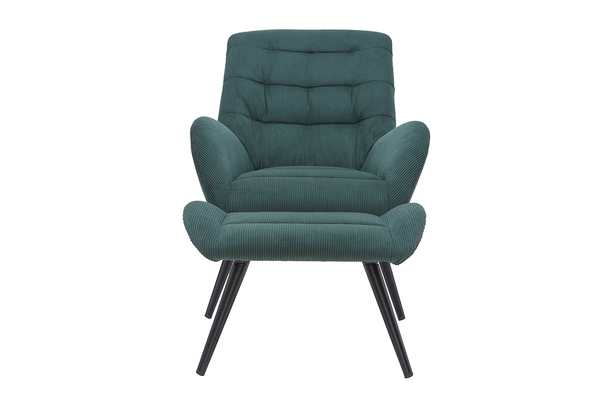 Fauteuil en velours c�tel� vert avec pieds en m�tal noir, vue de face.