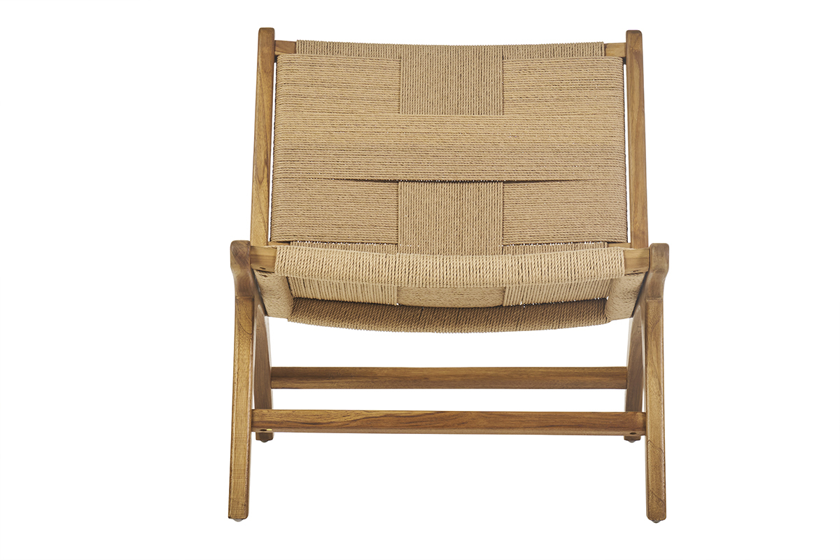 Fauteuil lounge YARI en bois de teck massif et corde tress�e, vue de face.