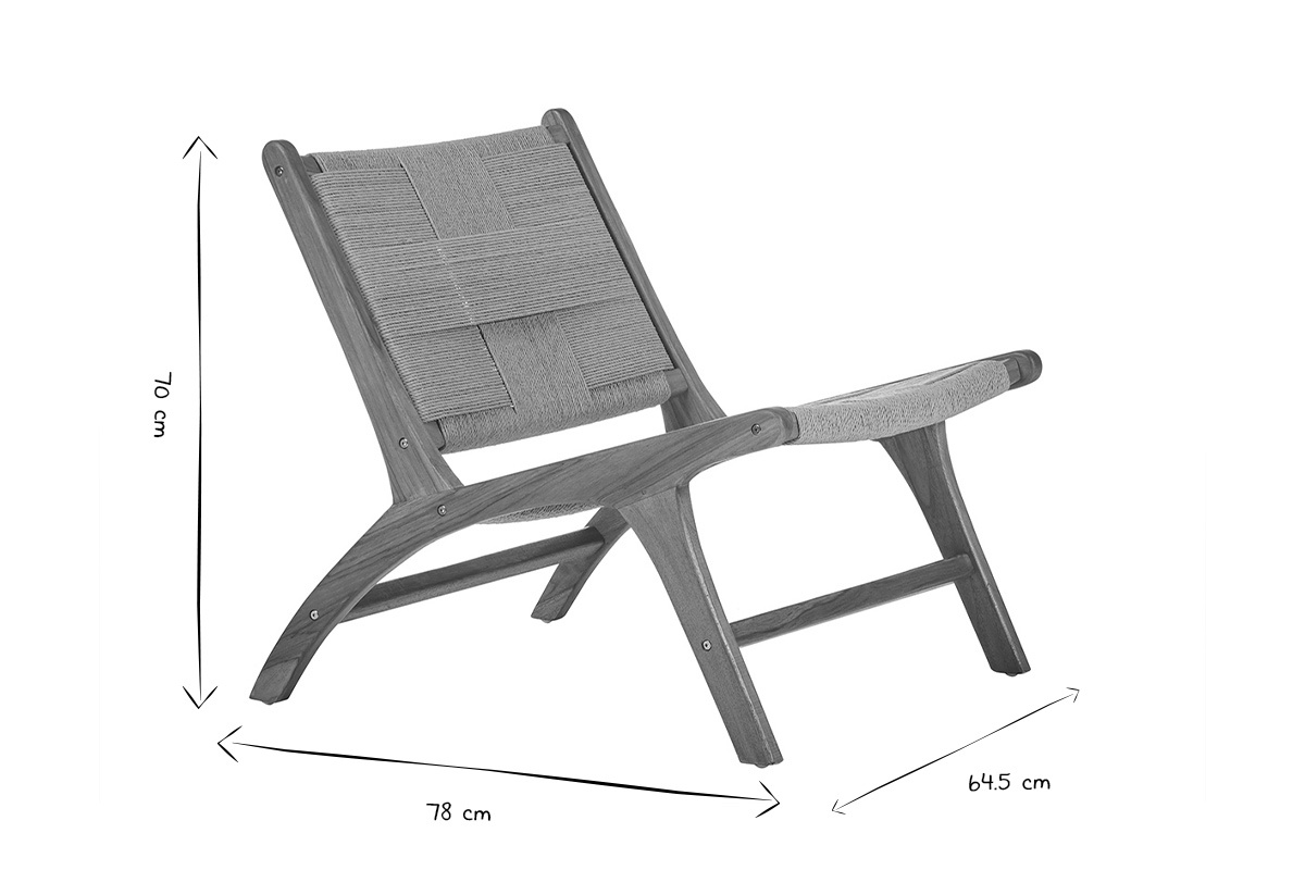 Dimensions du fauteuil lounge YARI en bois de teck et corde tress�e, vue de profil, en noir et blanc.